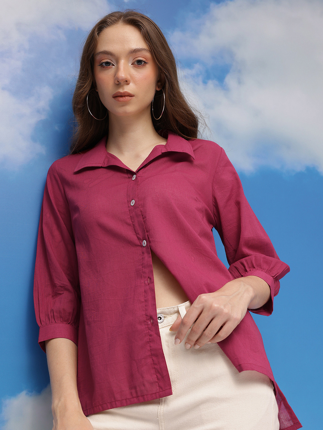 Pure Cotton High-Low Hem Opaque Casual Shirt